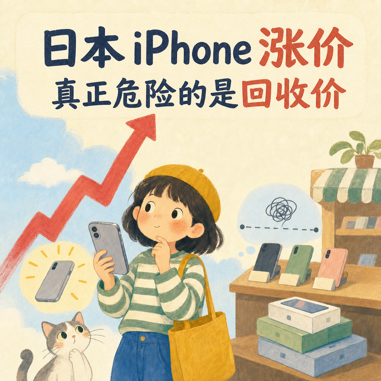日本 iPhone 全线涨价与回收市场风险的手绘信息图