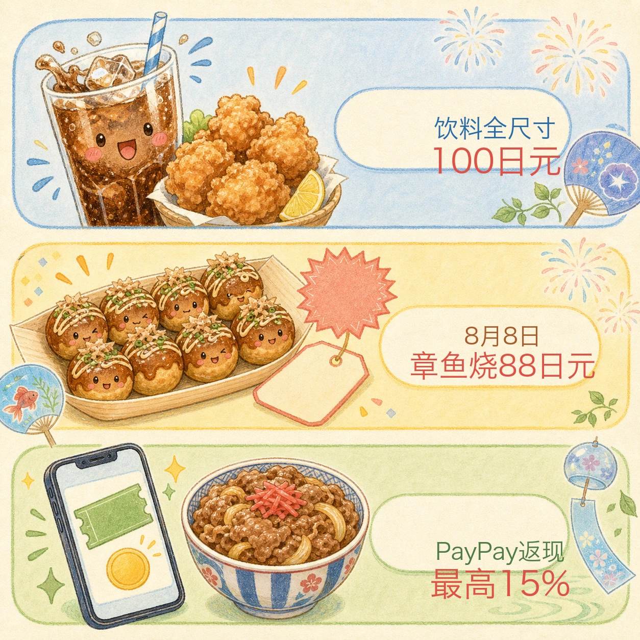 2026年8月三大餐饮优惠:饮料100日元、章鱼烧88日元、PayPay最高返现15%