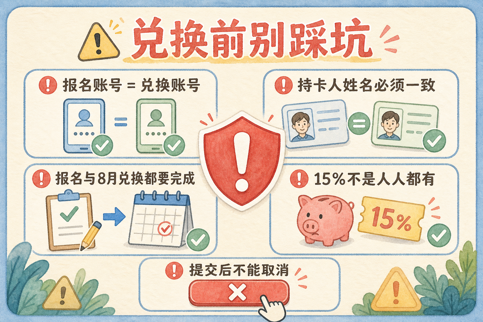 兑换前检查报名账号、持卡人姓名、活动时间、15%抽选和不可取消等注意事项