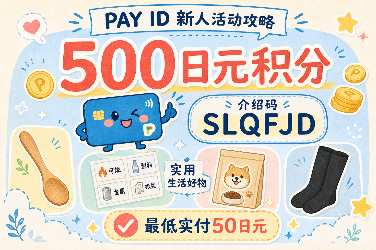 PAY ID新人活动攻略，500日元积分，介绍码SLQFJD，实用生活好物最低实付50日元