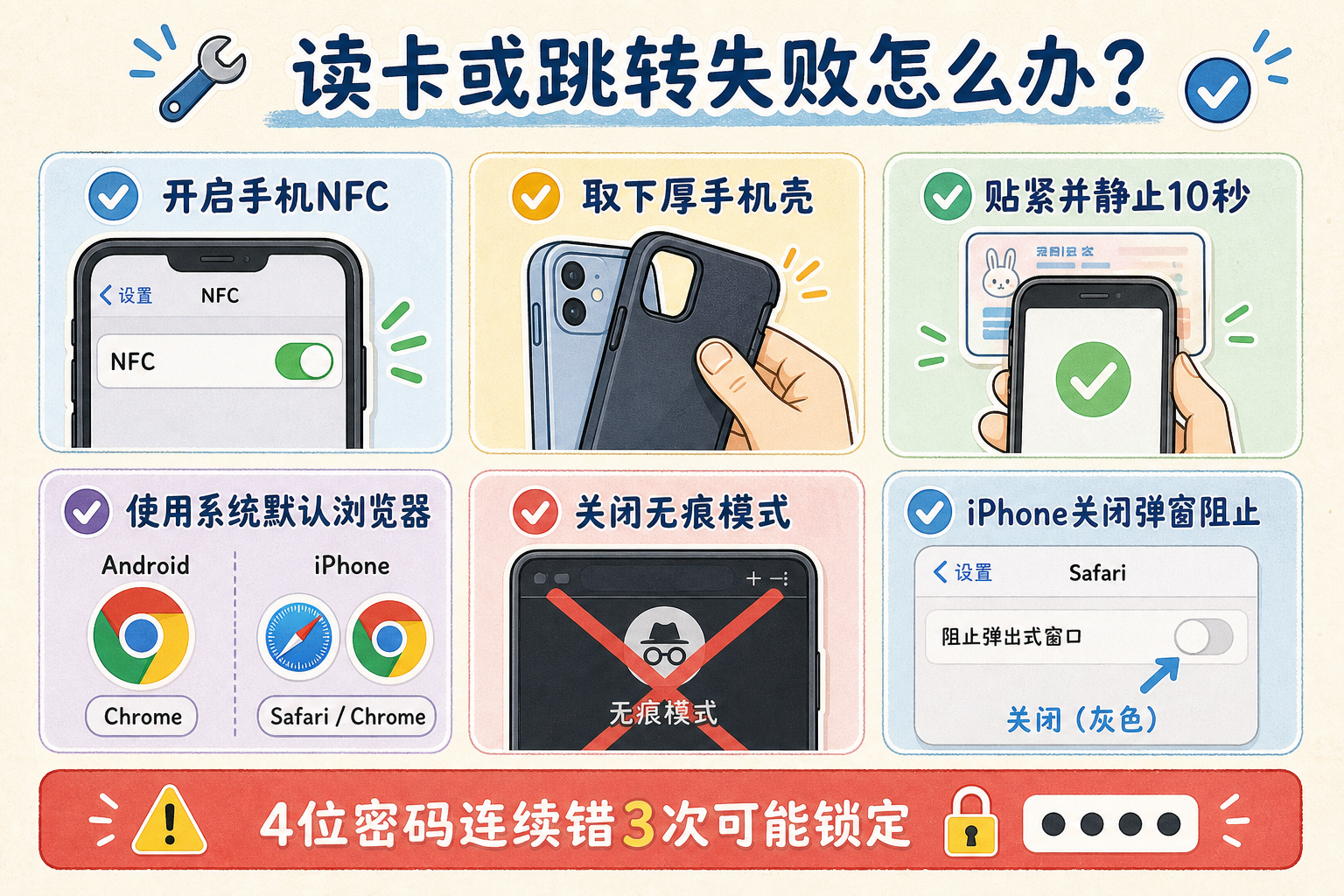 读卡或跳转失败处理:开启NFC、取下手机壳、保持静止、使用默认浏览器、关闭无痕和弹窗阻止